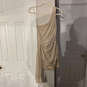Meshki One-Shoulder Draped Mini Dress in Champagne Gold